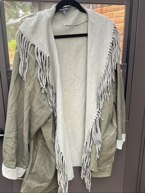 Ulla Popken Olive Green and Cream Fringe Open-Front Poncho Cardigan